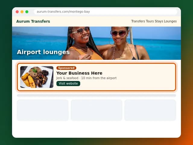 Mockup: your business as a sponsored card with photo, name and Visit website button on an Aurum page