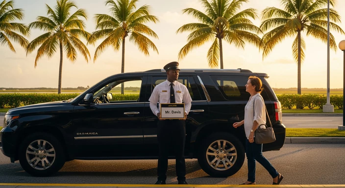 Aurum Transfers chauffeur waiting at Jamaica airport with name board, golden hour