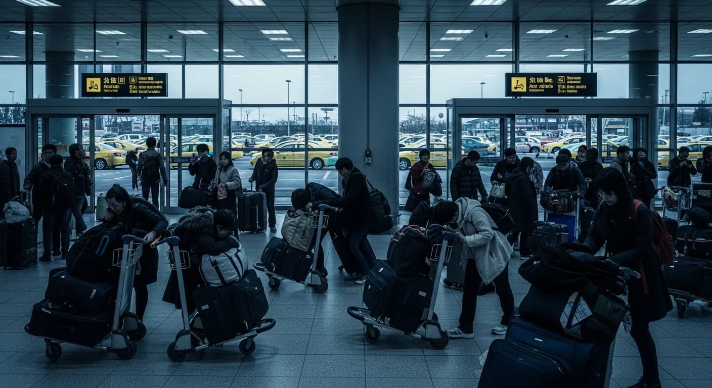 Crowded airport arrivals hall with stressed tourists and long taxi queues