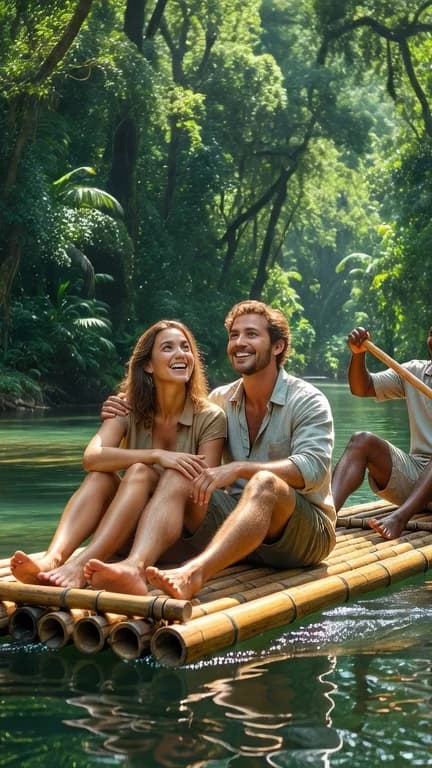 Couple on a bamboo raft gliding down the Rio Grande in Port Antonio