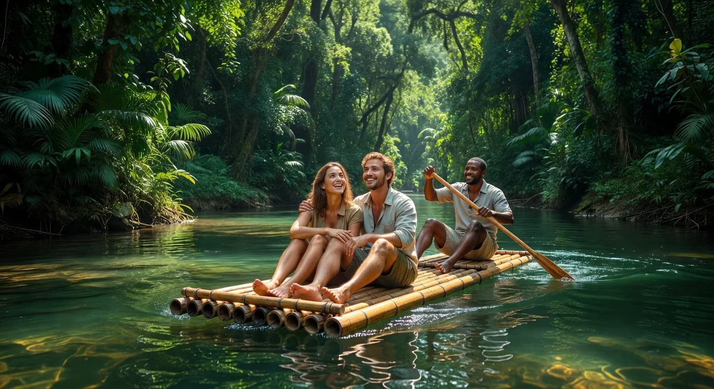 Couple on a bamboo raft gliding down the Rio Grande in Port Antonio