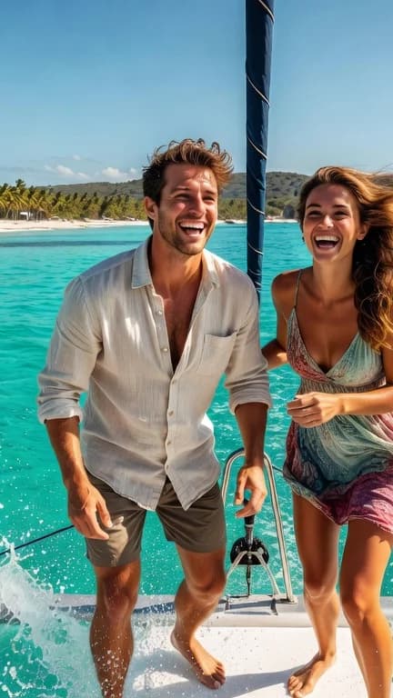 Friends on a catamaran cruise along the Ocho Rios coast
