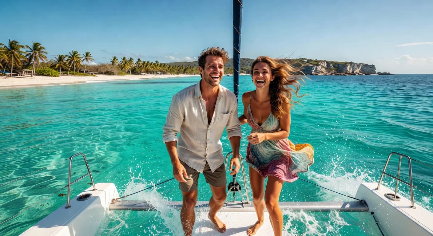 Friends on a catamaran cruise along the Ocho Rios coast