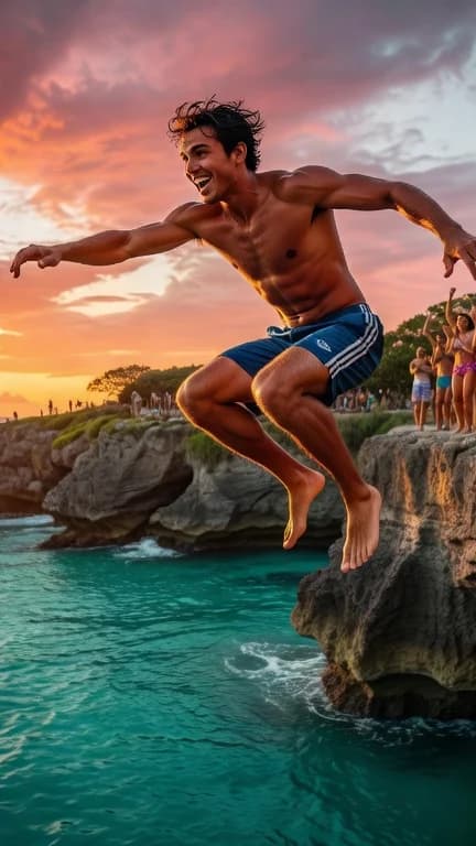 Cliff jumping into turquoise water at Rick's Cafe Negril