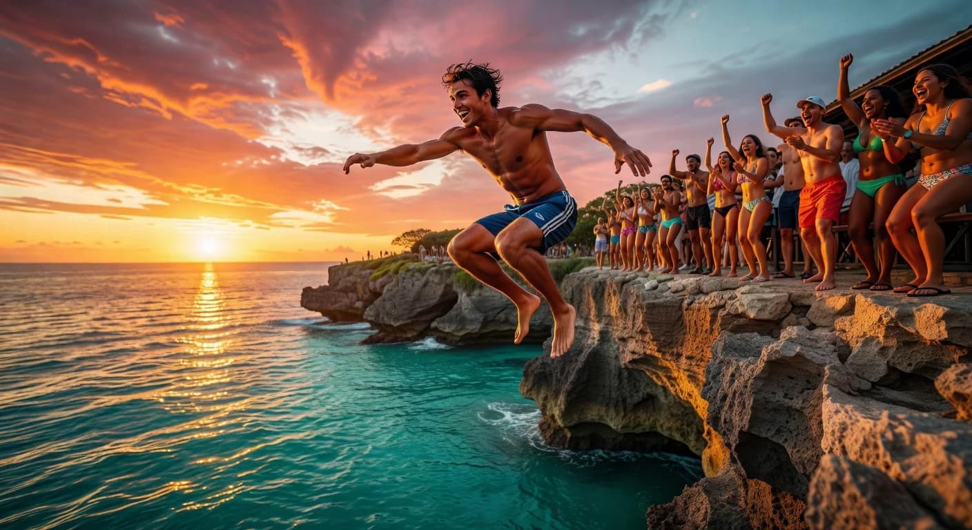 Cliff jumping into turquoise water at Rick's Cafe Negril