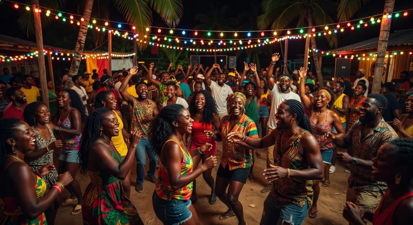 Tourists dancing with locals at a Kingston dancehall party