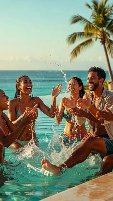 Friends celebrating in a turquoise infinity pool at a Montego Bay resort