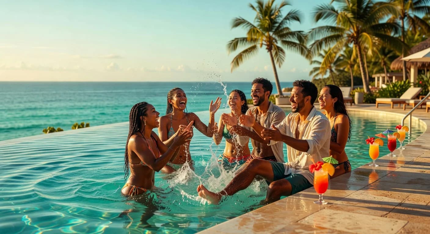 Friends celebrating in a turquoise infinity pool at a Montego Bay resort