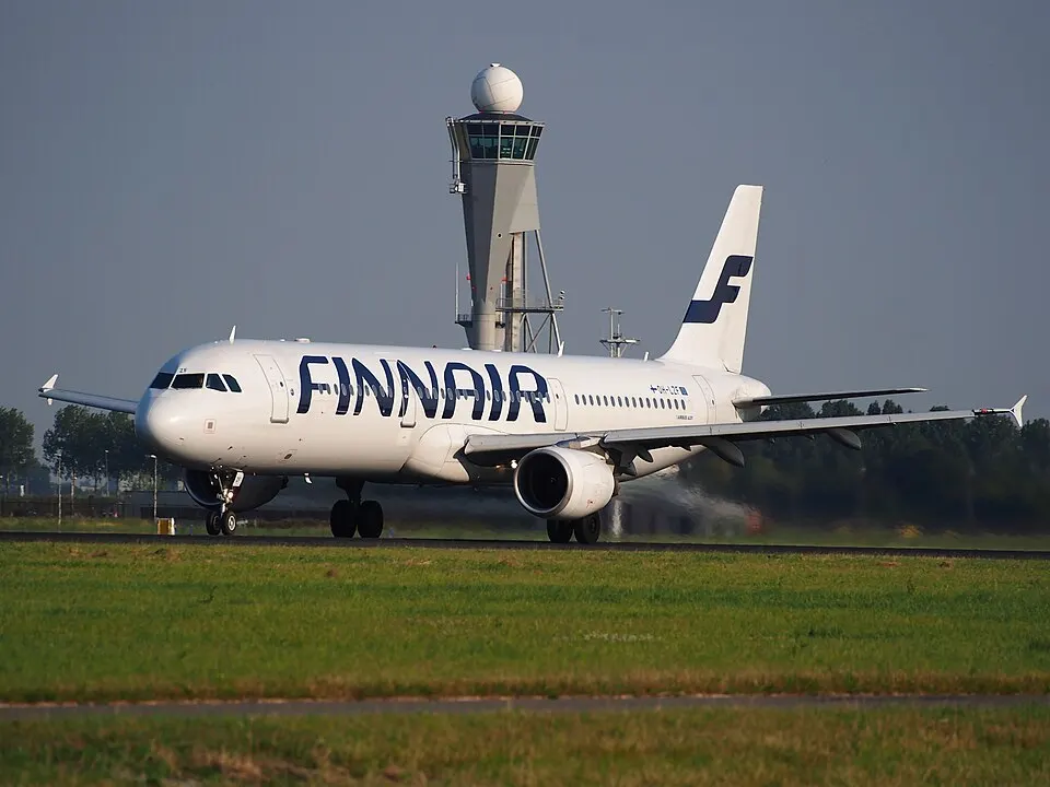 A passenger jet taking off from a runway